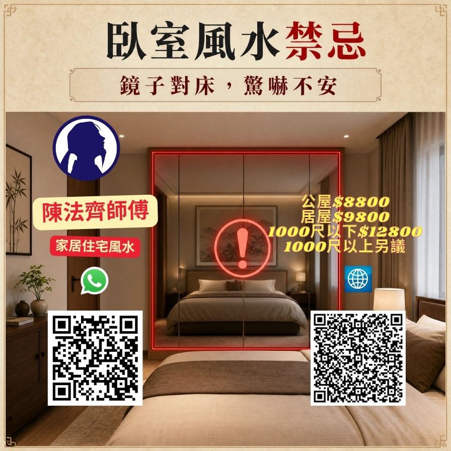 Case 73 · Mirror Facing Bed (Bedroom Mirror Directly Facing Bed) — Home feng shui illustration by Master Andrew Chan
