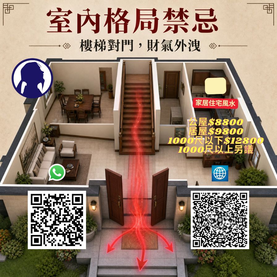 第 90 例 楼梯对门(楼梯正对入户大门) — 香港风水师陈法齐师傅家居风水解析示意图